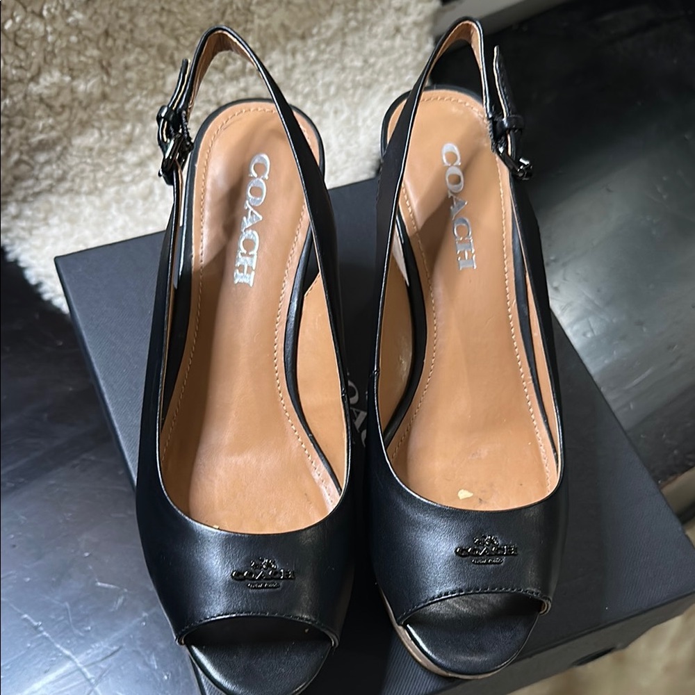 Coach Black Leather Peep-Toe Slingback Heels